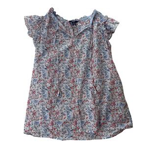 Chaps Floral Blouse Blue Tassel peasant Boho Cottagecore Womens Size Medium